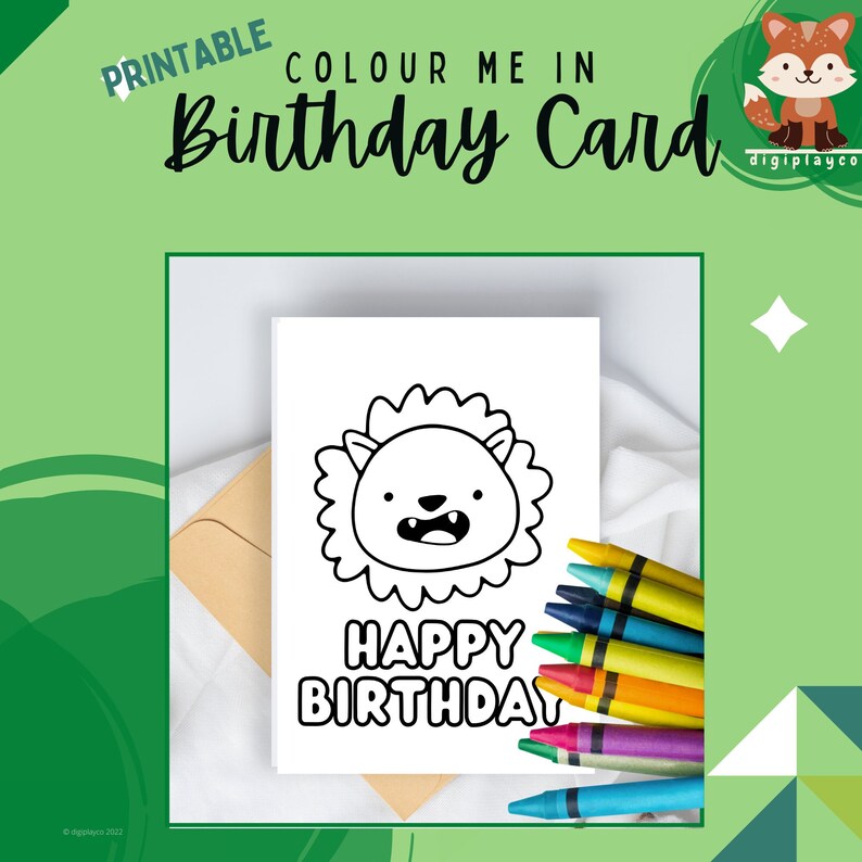 Carte d'anniversaire Lion imprimable en couleur pour enfants | Téléchargement instantané | Animaux à imprimer | Activité à colorier pour enfants | Artisanat amusant avec un lion image 1