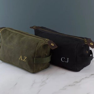 Personalised Embroidered Mens Canvas Wash Bag with Strap Black or Green - Mens Toilet Bag Embroidered with Initials