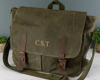 Personalised Messenger Bag Black or Green - Waxed Canvas Weekend Travel Bag Embroidered with Initials
