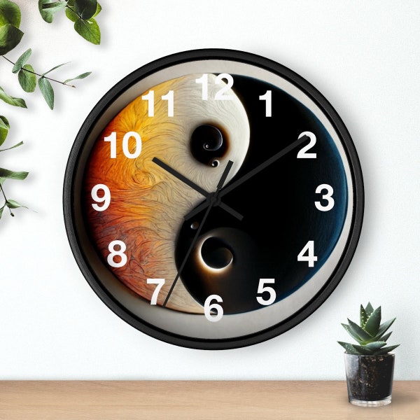 10" Inch Wooden Wall clock, Yin Yang,  Round Wall Clock with Plexiglass Face, Choose Your Frame Color, Boho Bohemian Room Décor