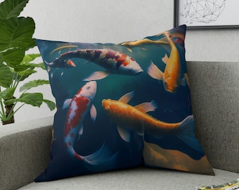 Koi Fish Broadcloth Pillow, 5 SIZES, Double Sided Print, Japanese Koi Fantasy Art Pillow, Boho Decorative Throw Pillow, Home Decor