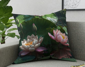 Lotus Flower Broadcloth Pillow, 5 SIZES, Double Sided Print, Botanical Floral Pillow, Boho Bohemian Decorative Throw Pillow, Home Decor