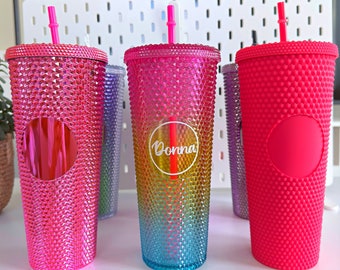 Personalized Studded Tumbler with Straw 24 OZ | Customized with Vinyl Name | Custom Logo Travel Cup, Iridescent, Perfect Gift Idea