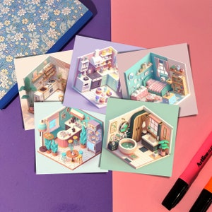 Isometric Room Interiors in Kawaii Aesthetic Illustration Style Art Print Mini Poster | Lo-fi, Ko-fi Cute Prints | Wall, Desk, Table Decor