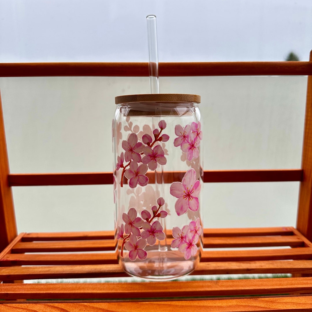 Cherry Blossom Iced Coffee Glass With Bamboo Lid Kawaii Can Glass ...