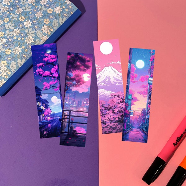 Japanese Vaporwave, LoFi Kawaii Aesthetic Illustration Style Aluminum Bookmark | Cute, Lo-fi, Ko-fi | Book, Bookworm, Bookish, Stationery