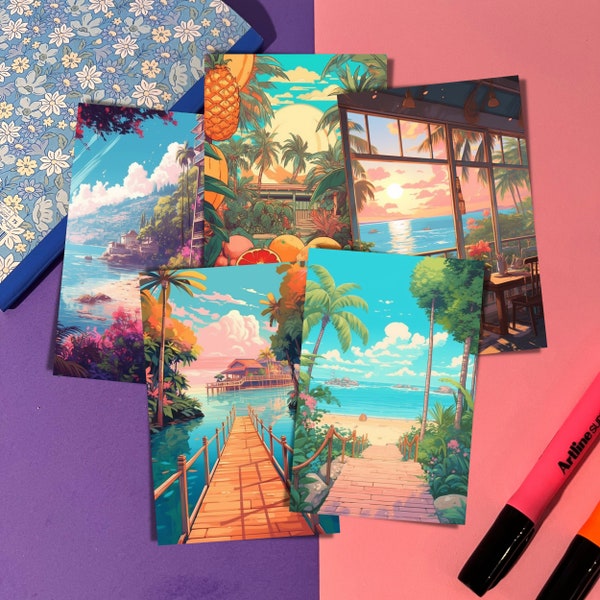 Tropical Summer Vibe Mini Poster in Kawaii Aesthetic Illustration Style Art Print | Sun, Sea, Beach Lo-fi, Ko-fi | Wall, Desk, Table Decor