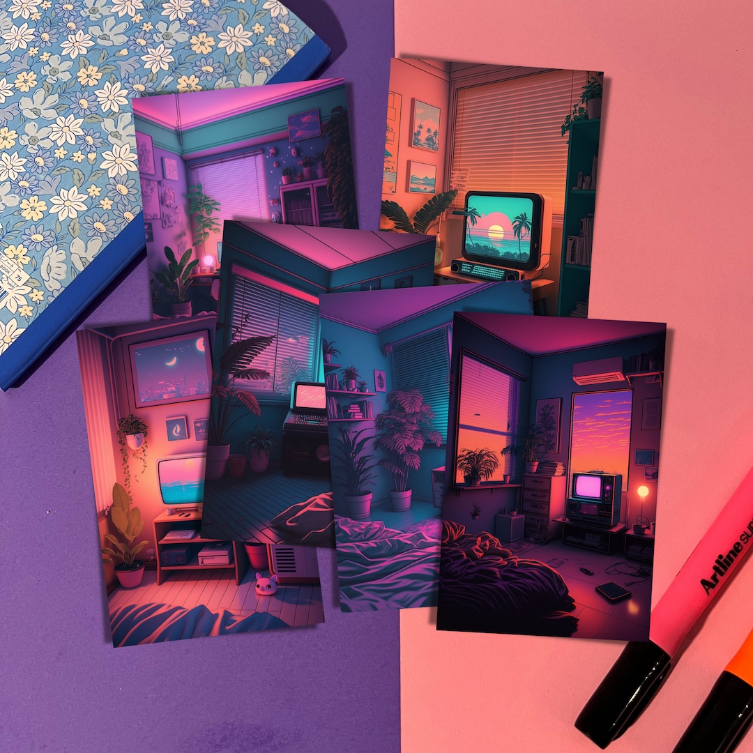 Lofi Synthwave Bedroom in Kawaii Aesthetic Illustration Style Art Print Mini Poster Lo-fi, Ko-fi ...