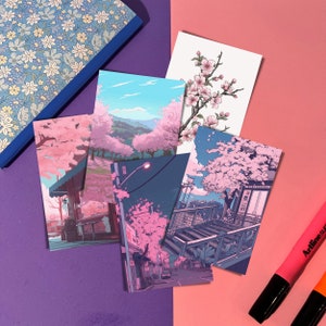 Cherry Blossoms in Kawaii Aesthetic Illustration Style Art Print Mini Poster | Lo-fi, Ko-fi Cute Prints | Wall, Desk, Table Decor