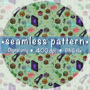 Könnte beinhalten: Ein digitales nahtloses Muster mit pixeligen Illustrationen von Videospielelementen, darunter Truhen, Schweine und Schwerter, vor einem hellgrünen Hintergrund. Das Design enthält den Text "seamless pattern", "Digital only", "400 dpi" und "PNG file".