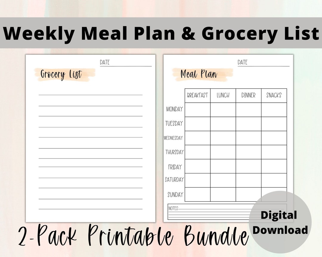 Meal Plan and Grocery List, Printable Meal Plan and Grocery List for