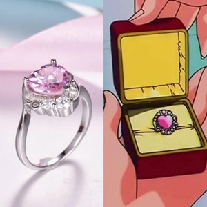 Roze saffier Usagi trouwring, massief zilveren ring, Sailor Moon Ring, Usagi Tsukino Ring, Sailor Moon Sieraden, Sailor Moon Trouwring,