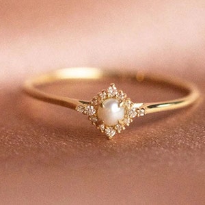 Dainty Pearl Wedding Ring Gold Plated Promise Jewelry Art Deco Cluster Diamond Engagement Ring June Birthstone Anniversary Gift For Love