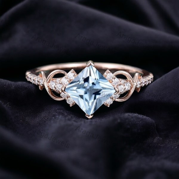 Vintage Aquamarine  Engagement Ring, Princess Cut Aquamarine Ring, Diamond Promise Ring March Birthstone Twisted Crystal Ring Birthday Gift