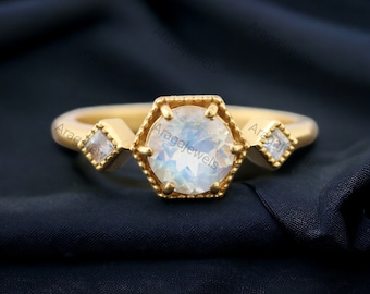 Rainbow Natural Moonstone Engagement Ring 14K Yellow Gold Diamond Promise Ring For Girl June Birthstone Wedding Ring Bridesmaid Gift For Her