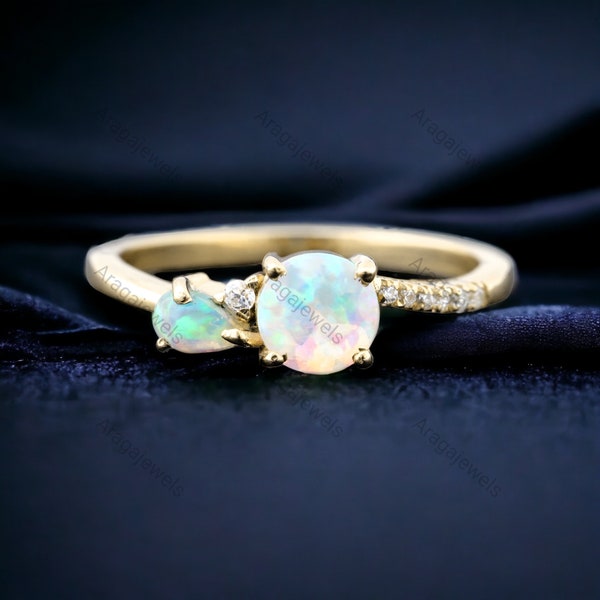 Vintage Opal Wedding Ring Diamond Curved Bridesmaid jewelry October Birthstone 14k Solid Gold Pear Cut Fire Opal Promise Ring Gift For Wife