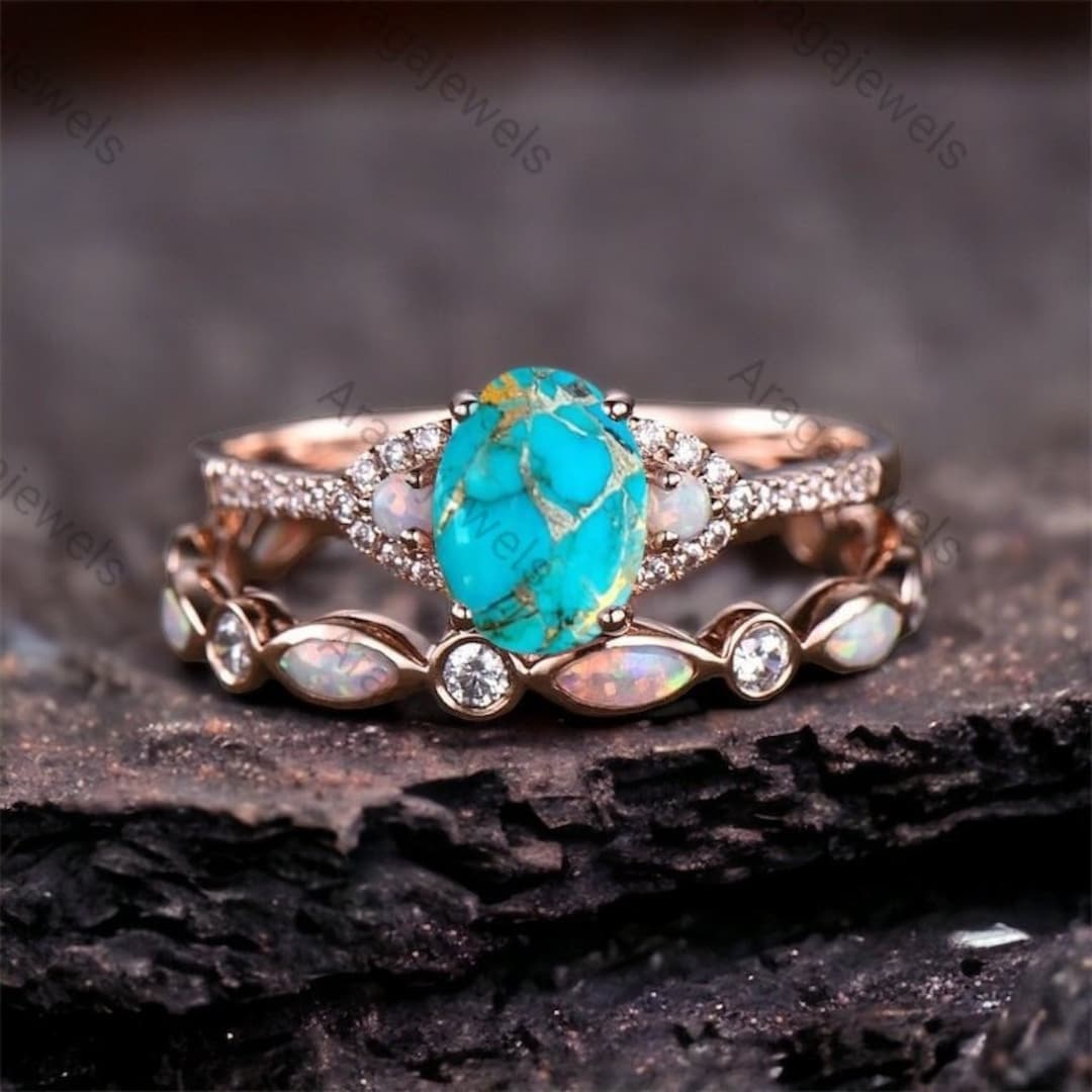 Oval Cut Turquoise Wedding Ring Set Promise Turquoise Ring Rose Gold ...