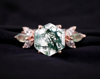 Hexagon Cut Moss Agate Engagement Ring Green Gemstone Bridal Ring Diamond Marquise Floral Ring Gift For Girlfriend Women Delicate Jewelry