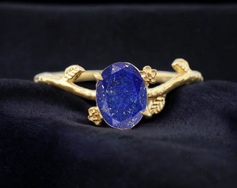 Natural Oval Shape Lapis Lazuli Engagement Ring Handmade Yellow Gold Statement Ring Leaf Set Bridal Wedding Ring Valentine Day Gift For Wife