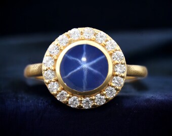 Star Sapphire Engagement Ring Diamond Halo Bridal Ring Blue Gemstone Ring Yellow Gold Plated Statement Women Jewelry Anniversary Gift Ring