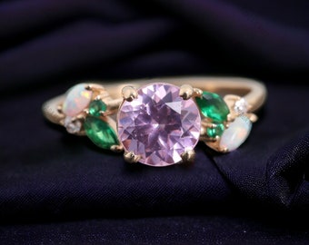 Unique Purple Spinel Wedding Ring, Marquise Emerald & Opal Proposal Ring Yellow Gold Plated Jewelry February Birthstone Anniversary Gifts