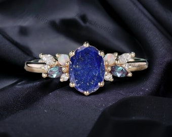 Natural Lapis Lazuli Engagement Ring Rose Gold Alexandrite Opal Bridal Ring Diamond Cluster Proposal Ring Valentine Day Gift For Girlfriend