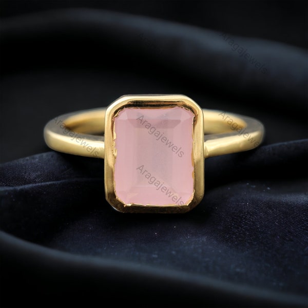 Rose Quartz Engagement Ring Solitaire Statement Women Solitaire Jewelry Yellow Gold Bezel Set Ring Pink Gemstone Simple Wedding Gift Ring