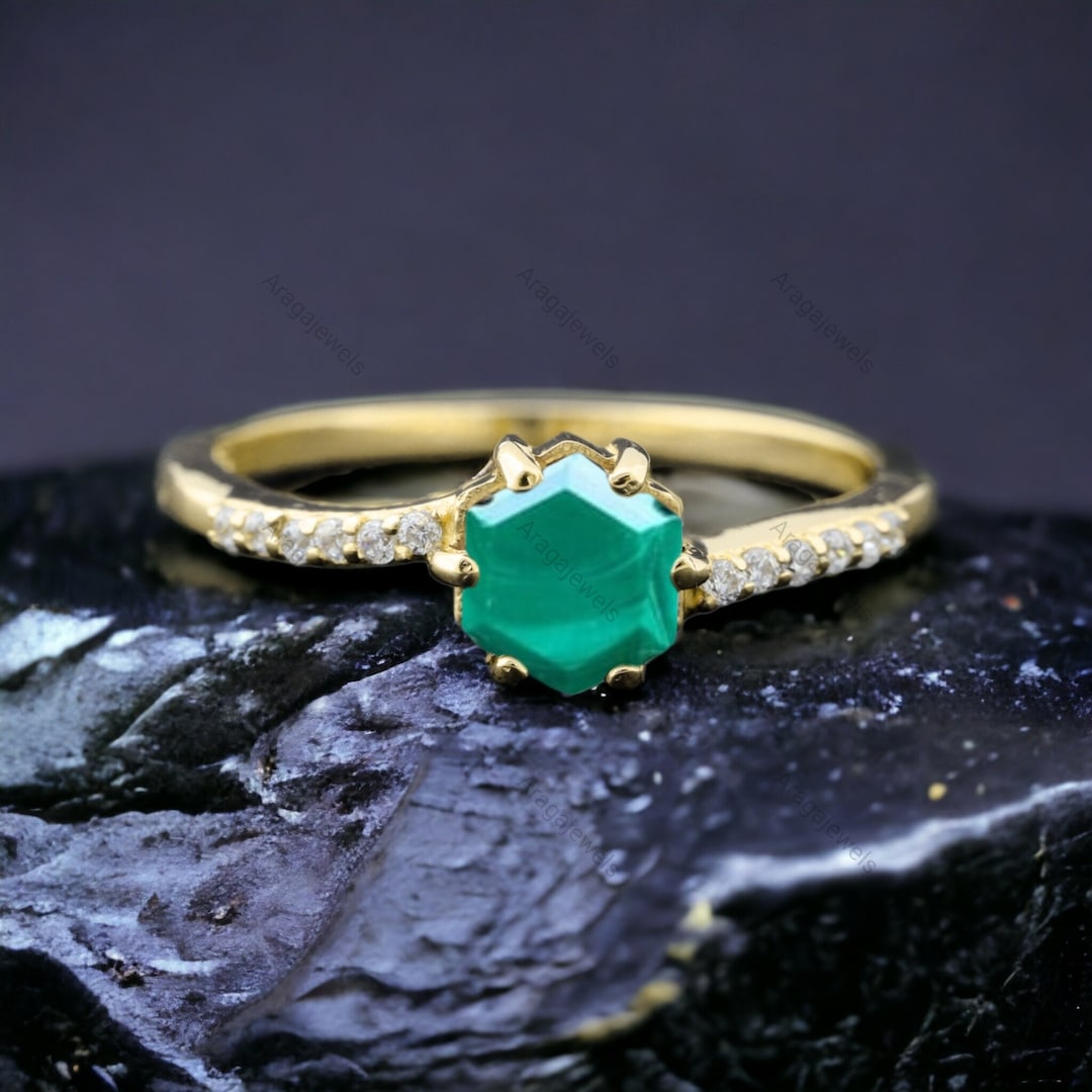 Hexagon Cut Malachite Engagement Ring Yellow Gold Plated Prong Etsy