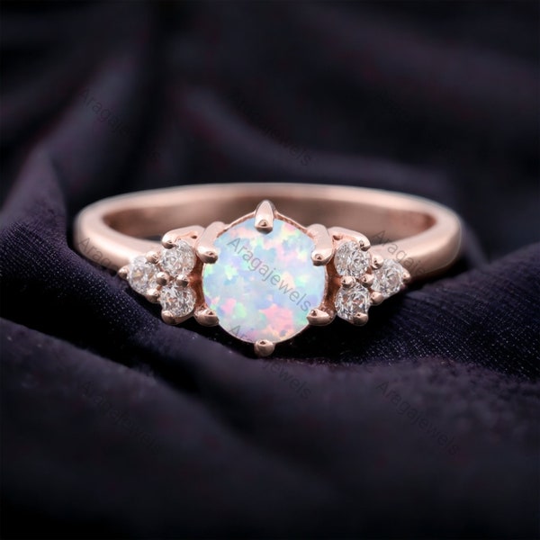 Opal Engagement Ring Diamond Cluster Promise Ring Rose Gold Bridal Jewelry October Birthstone Anniversary Gift Ring Fire Opal Wedding Ring