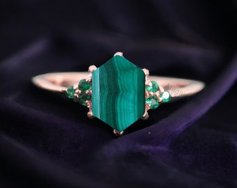 Natural Malachite Wedding Ring, Art Deco Handmade Jewelry, Hexagon Shape Statement Jewelry Emerald Cluster Promise Ring Unique Gift For Love