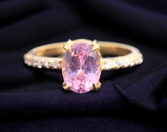 Oval Cut Pink Sapphire Engagement Ring Diamond Alternative Fine Women Jewelry Yellow Gold Proposal Ring September Birthstone Birthday Gifts