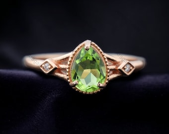 Pear Cut Peridot Engagement Ring Rose Gold Plated Bridal Ring Antique Women Jewelry Diamond Bridal Wedding Ring Birthday Gift For Daughter
