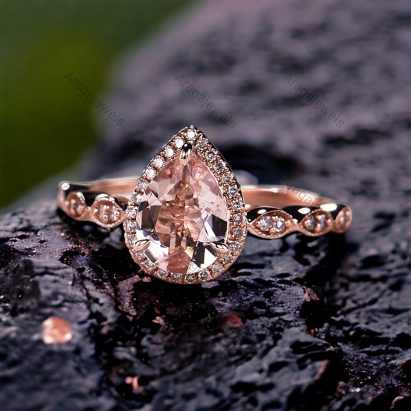Pear Shape Morganite Engagement Ring Vintage Diamond Ring 14K Rose Gold For Women Jewelry Promise Ring Anniversary Birthday Gift For Her
