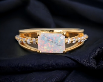 Baguette Cut Opal Wedding Ring Diamond Split shank Bridal promise Jewelry 14k Solid Gold Half Eternity Promise Band Anniversary Gift For Her