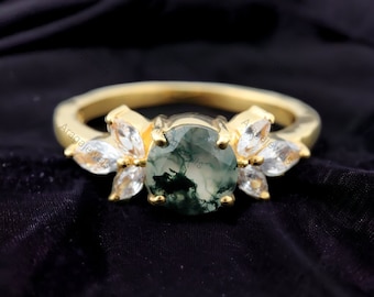 Natürlicher Moosachat-Verlobungsring, Marquise-Form-Diamant-Braut-Ehering, Art-Deco-handgefertigter Cluster-Ring, Geburtstagsgeschenk für Frau