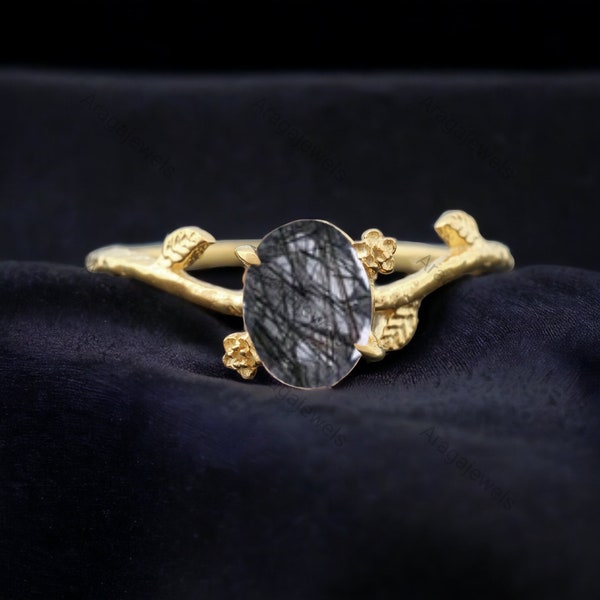 Oval Cut Black Rutilated Quartz Engagement Ring Black Rutile Bridal Vintage Ring 14K Yellow Gold Proposal Ring Rutile Quartz Solitaire Ring