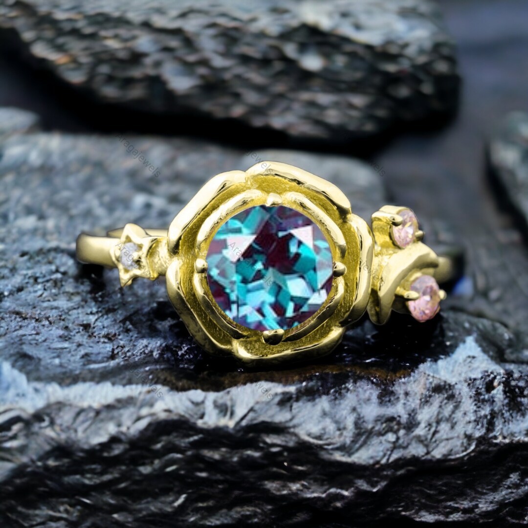 Flower Alexandrite Engagement Ring Yellow Gold Ring Twisted Vine ...