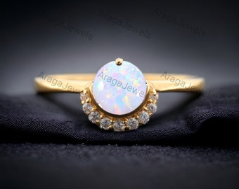 Vintage Opal Engagement Ring, Art Deco Unique Diamond Half Halo Ring, October Birthstone Promise Ring, Anniversary Birthday Gift For Women