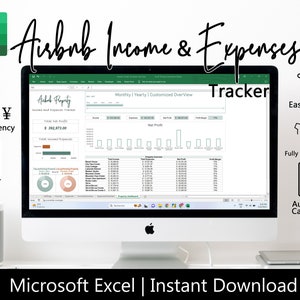 Può includere: Uno schermo di computer che mostra un foglio di calcolo di Microsoft Excel con uno schema di colori verde e bianco. Il foglio di calcolo è intitolato "Airbnb Income & Expenses Tracker" e include una varietà di grafici e tabelle. Il testo "Easy to use", "Fully Customizable", e "Automatic Calculation" è visualizzato sul lato destro dello schermo. Il testo "Microsoft Excel | Instant Download" è visualizzato sotto lo schermo.