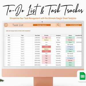 Peut inclure: Un écran d'ordinateur affichant un modèle de feuille de calcul Google pour une liste de tâches et un suivi des tâches. La feuille est intitulée "Liste des tâches" et comprend des colonnes pour le numéro de la tâche, le nom de la tâche, la date d'échéance, la priorité, le responsable, le statut et la date d'achèvement. La feuille est conçue pour aider les utilisateurs à gérer leurs tâches et à suivre leur progression.