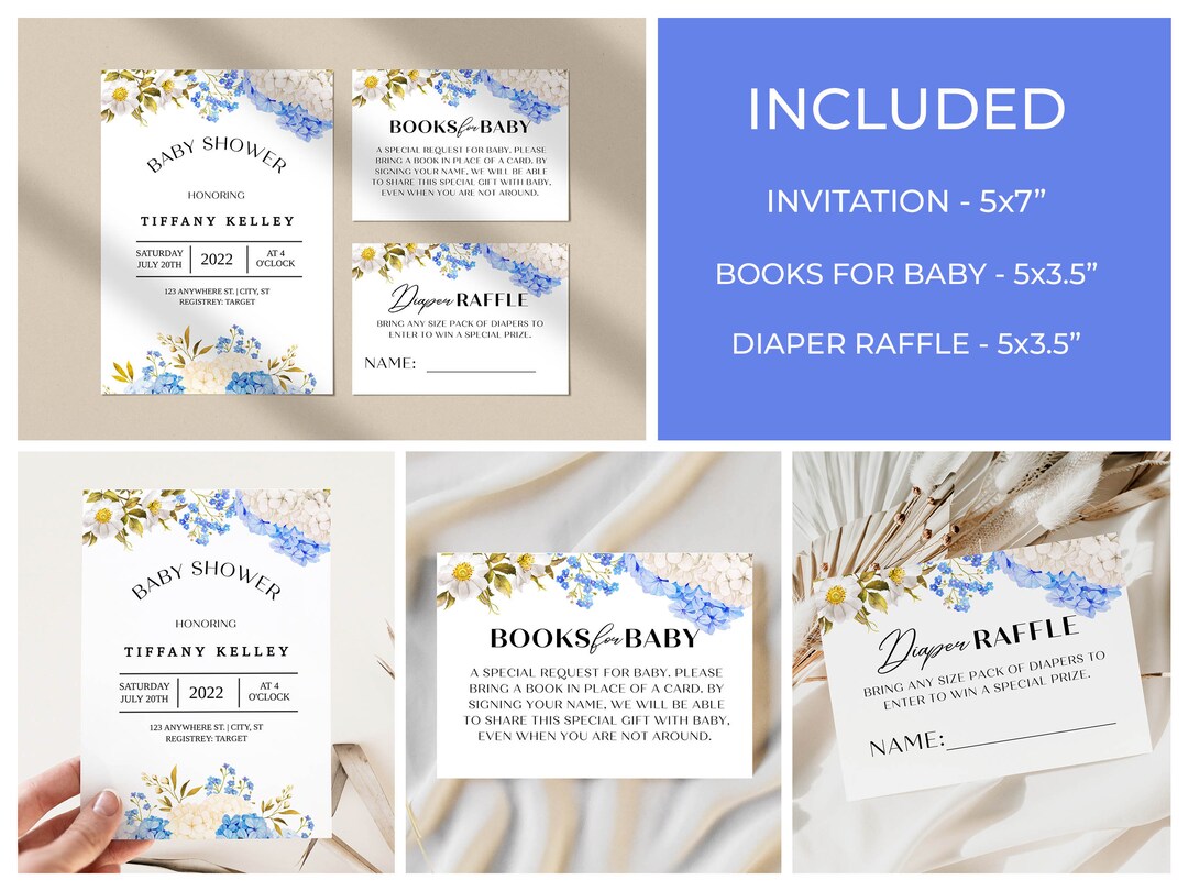 Custom Baby Shower Invitation Cards, Flowered Elegant Design, Gold and Blue, Boy Color, Elegant