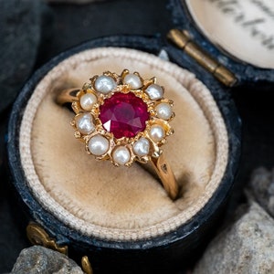 Ruby & Pearl Ring ~ Victorian Seed Pearl Engagement Ruby Ring For Women~Vintage Art Deco Halo Cluster Ring For Her Wedding Anniversary Ring.