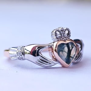 Moss Agate Claddagh Ring: Two-Tone Sterling Silver Irish Promise Ring Crown