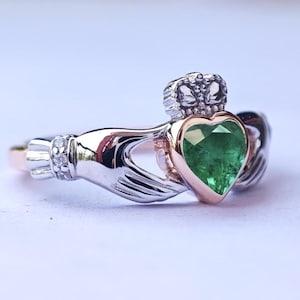 Emerald Green Heart Claddagh Ring: Sterling Silver & Rose Gold Crown