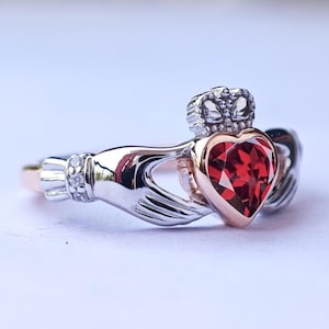 Two-Tone Red Garnet Claddagh Ring | 5mm Heart Crown Hands Irish Promise Ring | Sterling Silver & Rose Gold | January Birthstone Gift for Her