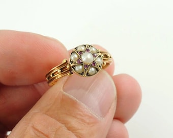 Pearl Ring 10CT Antique Gold Ring-Victorian Seed Pearl & Ruby ring-Handmade Solid Yellow Gold Star Ring-Anniversary Gift For Women-Rare ring
