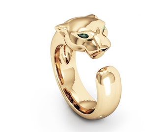 Gold Panther Ring – Adjustable Big Statement Ring with Green Eyes –Open Band Animal Jewelry Unique Gift for Her or Him–Unisex Wild Love Ring