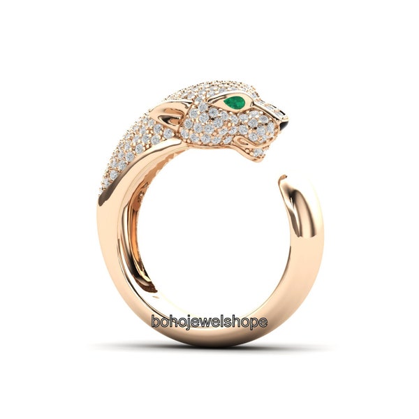 14k Solid yellow gold Diamond ring for women luxury jewelry Natural Green Onyx Eyed Panther Ring Men-Womens Ring Iced Out jaguar Unisex Ring