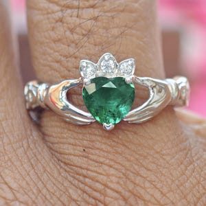 Emerald Claddagh Engagement Ring Sterling Silver | Heart Crown Hands Ring for Her | May Birthstone Celtic Promise Ring | Irish Love Jewelry
