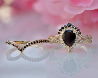 Pear Black Onyx halo Engagement Ring Set Women Art Deco Curved Stacking Band Crown Pear Bridal Set Sterling Silver Moissanite Promise Ring